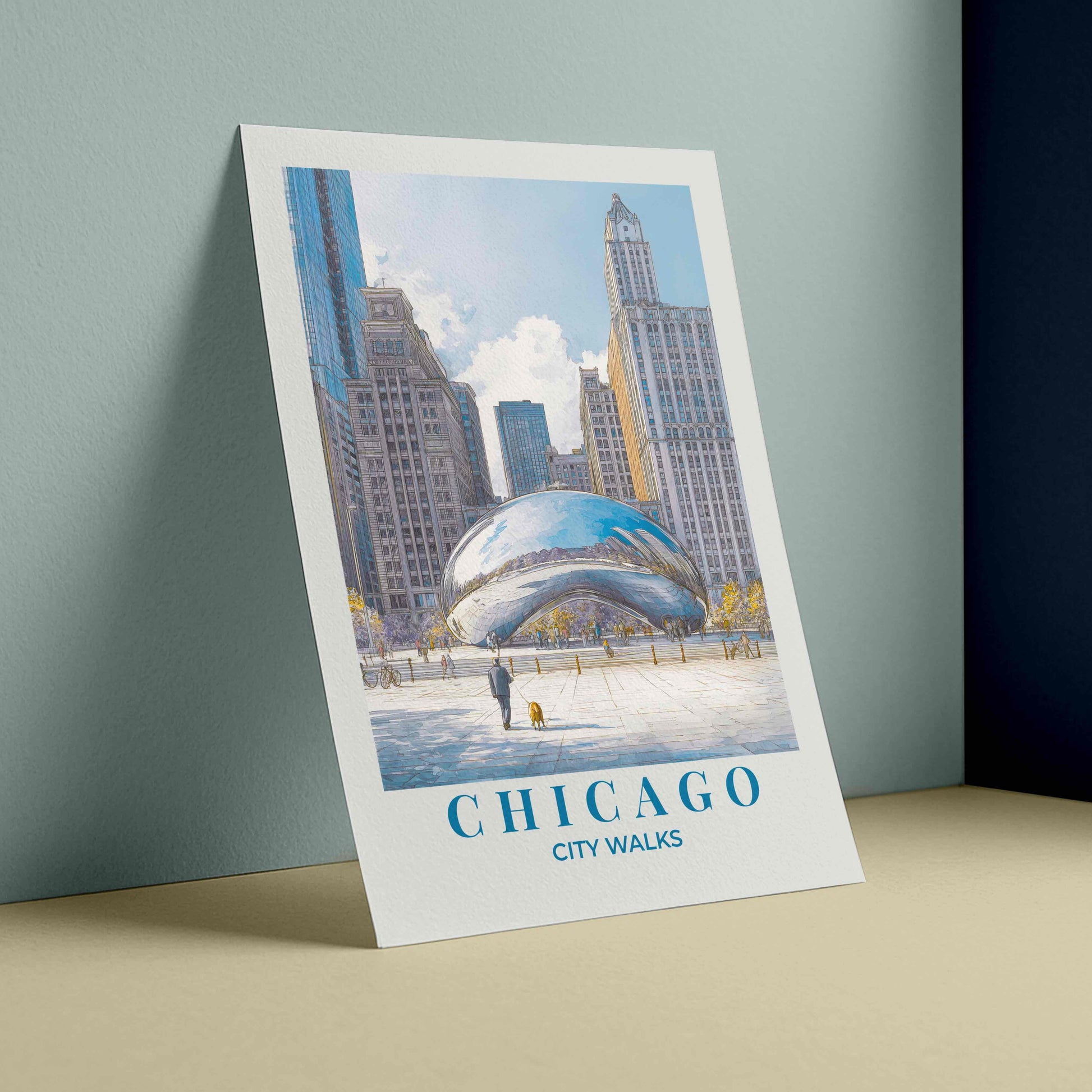 Poster of Chicago's Millennium Park with a blue and white color scheme on a gray surface.