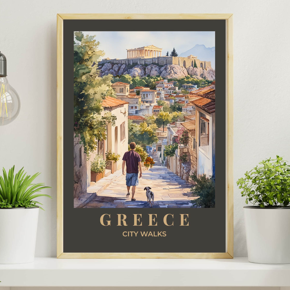 Parthenon Athens poster with dark charcoal dramatic border featuring city walks scene with dog, ancient Greek temple landmark, vintage watercolor travel wall art