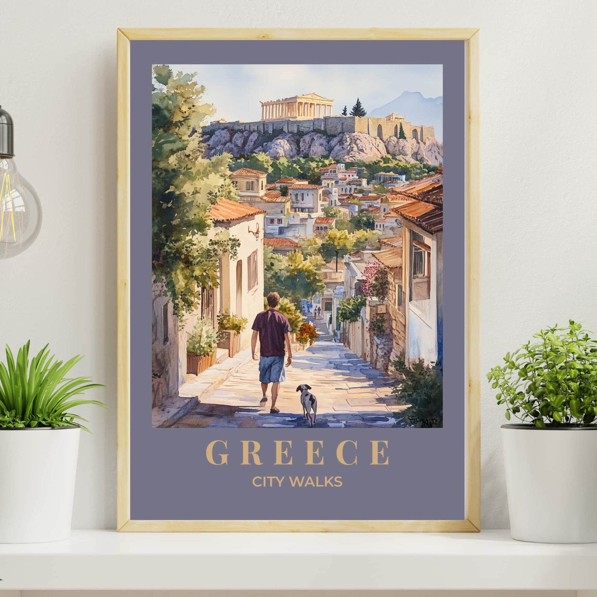 Greece Athens Parthenon poster with grey-lavender sophisticated border showing cobblestone street dog walker white buildings terracotta roofs, vintage cityscape travel print