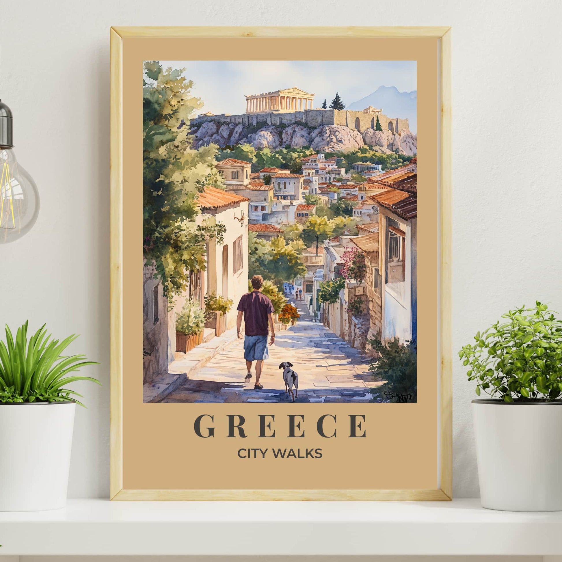 City Walks Greece poster featuring Athens street with man walking dog, Parthenon temple on Acropolis in background, watercolor vintage travel art with warm tan Mediterranean border