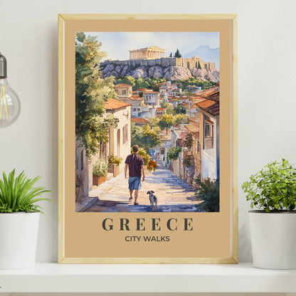 City Walks Greece poster featuring Athens street with man walking dog, Parthenon temple on Acropolis in background, watercolor vintage travel art with warm tan Mediterranean border