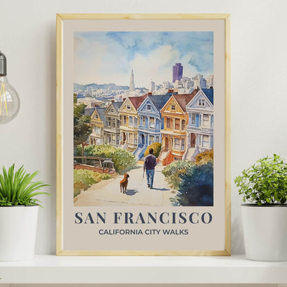 Watercolour San Francisco wall art showing a person walking a dog through the city, part of the City Walks poster series with soft neutral border options.