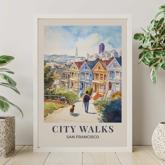 Watercolour San Francisco wall art showing a person walking a dog through the city, part of the City Walks poster series with soft neutral border options.
