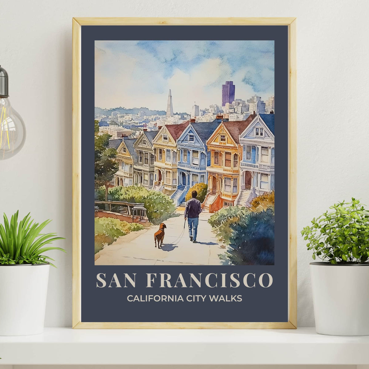 Watercolour San Francisco wall art showing a person walking a dog through the city, part of the City Walks poster series with soft neutral border options.
