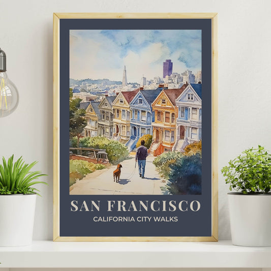 Watercolour San Francisco wall art showing a person walking a dog through the city, part of the City Walks poster series with soft neutral border options.