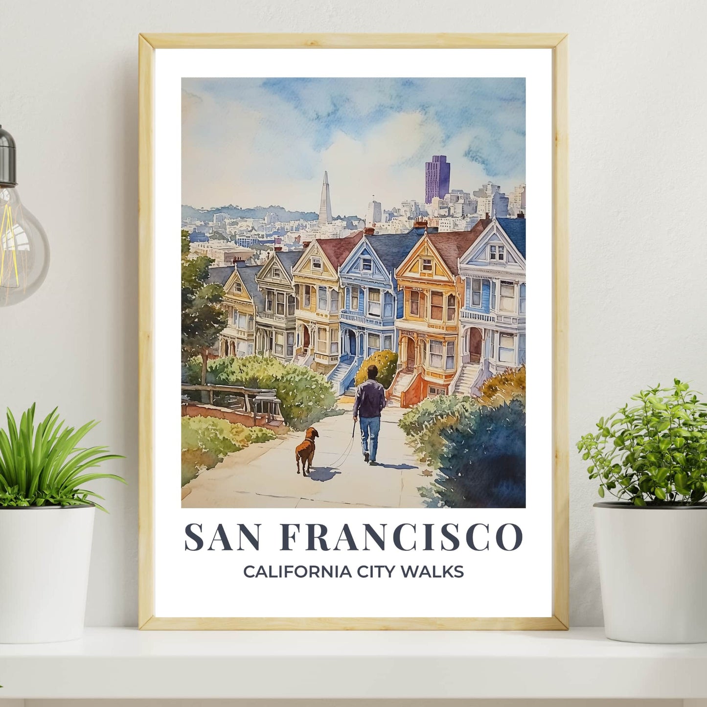 Watercolour San Francisco wall art showing a person walking a dog through the city, part of the City Walks poster series with white border.