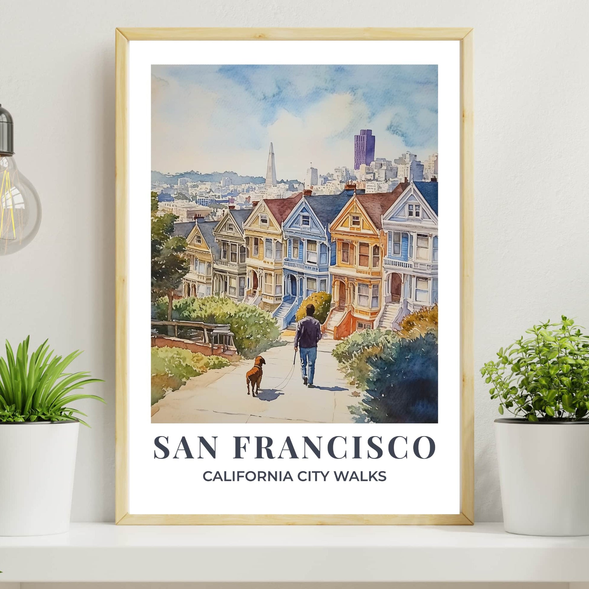 Watercolour San Francisco wall art showing a person walking a dog through the city, part of the City Walks poster series with white border.