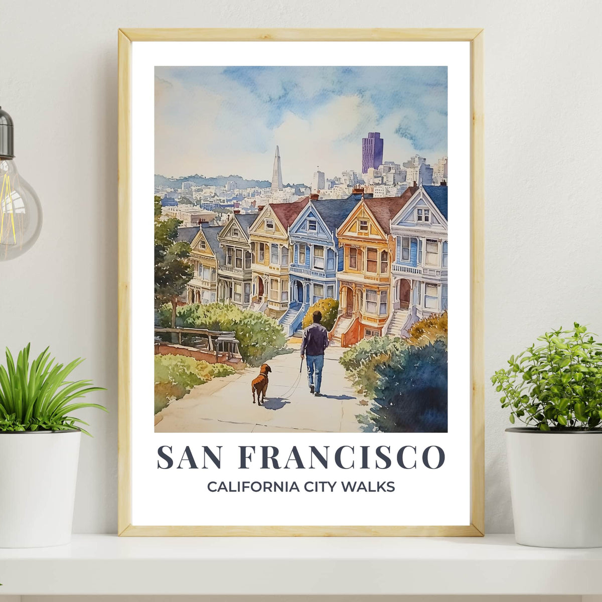 Watercolour San Francisco wall art showing a person walking a dog through the city, part of the City Walks poster series with white border.
