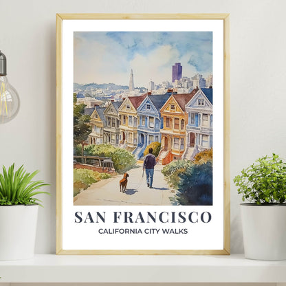 Watercolour San Francisco wall art showing a person walking a dog through the city, part of the City Walks poster series with white border.