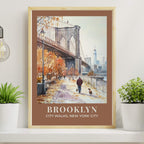 Brooklyn Bridge poster with autumn fall foliage and dog walker, watercolour cityscape with NYC skyline, warm brown border, vintage travel poster style