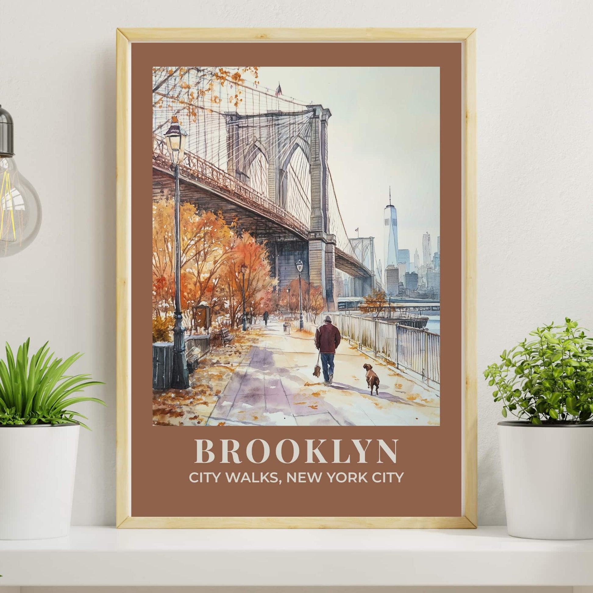 Brooklyn Bridge poster with autumn fall foliage and dog walker, watercolour cityscape with NYC skyline, warm brown border, vintage travel poster style
