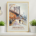 City Walks Brooklyn poster featuring watercolour illustration of Brooklyn Bridge in autumn with person walking dog, Manhattan skyline background, cream border, travel art print