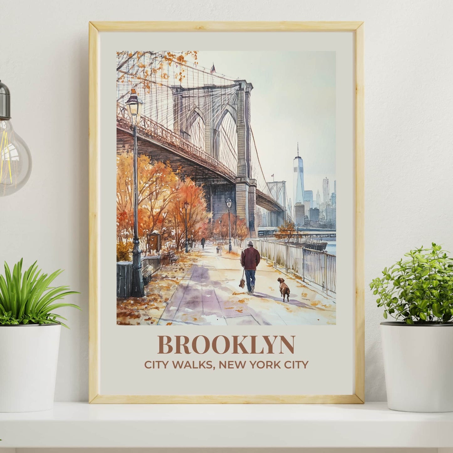 City Walks Brooklyn poster featuring watercolour illustration of Brooklyn Bridge in autumn with person walking dog, Manhattan skyline background, cream border, travel art print
