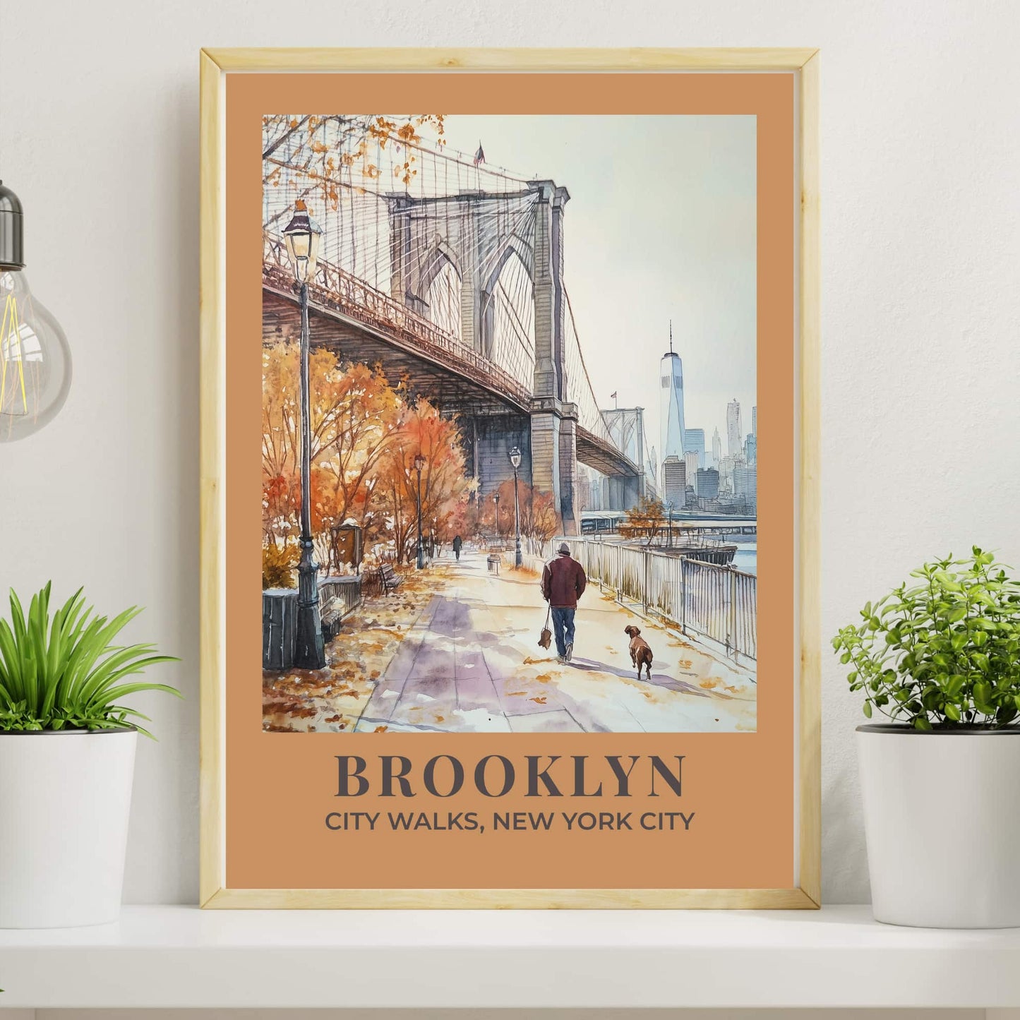 Brooklyn Bridge travel poster with autumn trees and figure walking dog, Manhattan skyline view, muted terracotta border, NYC wall art print