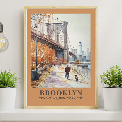 Brooklyn Bridge travel poster with autumn trees and figure walking dog, Manhattan skyline view, muted terracotta border, NYC wall art print
