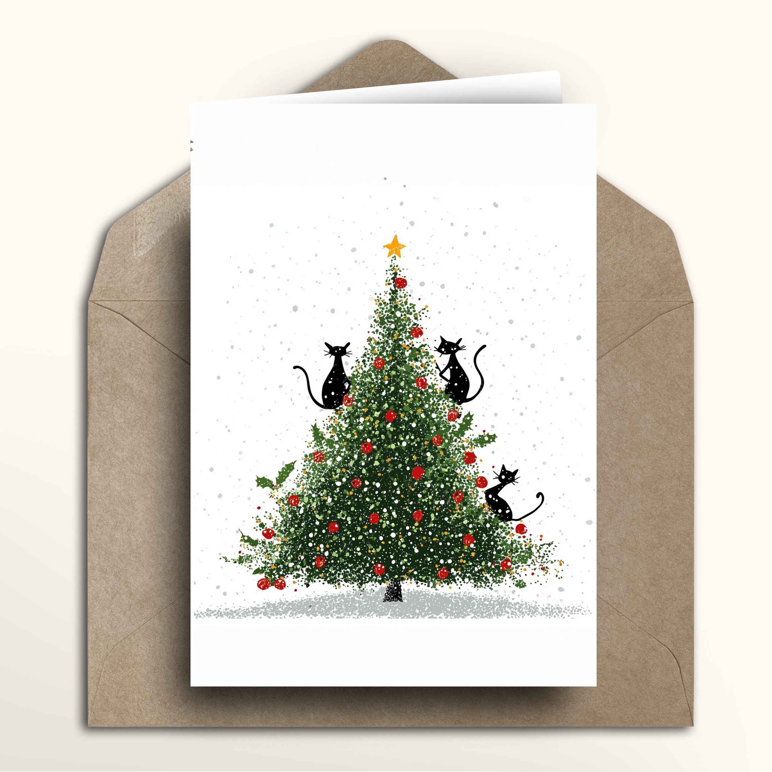 Christmas card with a Christmas tree and cats on a white background with brown envelope