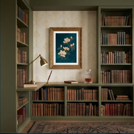 A four-panel collage showing a framed floral wall art print styled in different interior settings: above a sofa, above a sideboard, above a bookshelf, and on a round console wall mirror. The product being sold appears to be the framed print itself rather than the room decor.