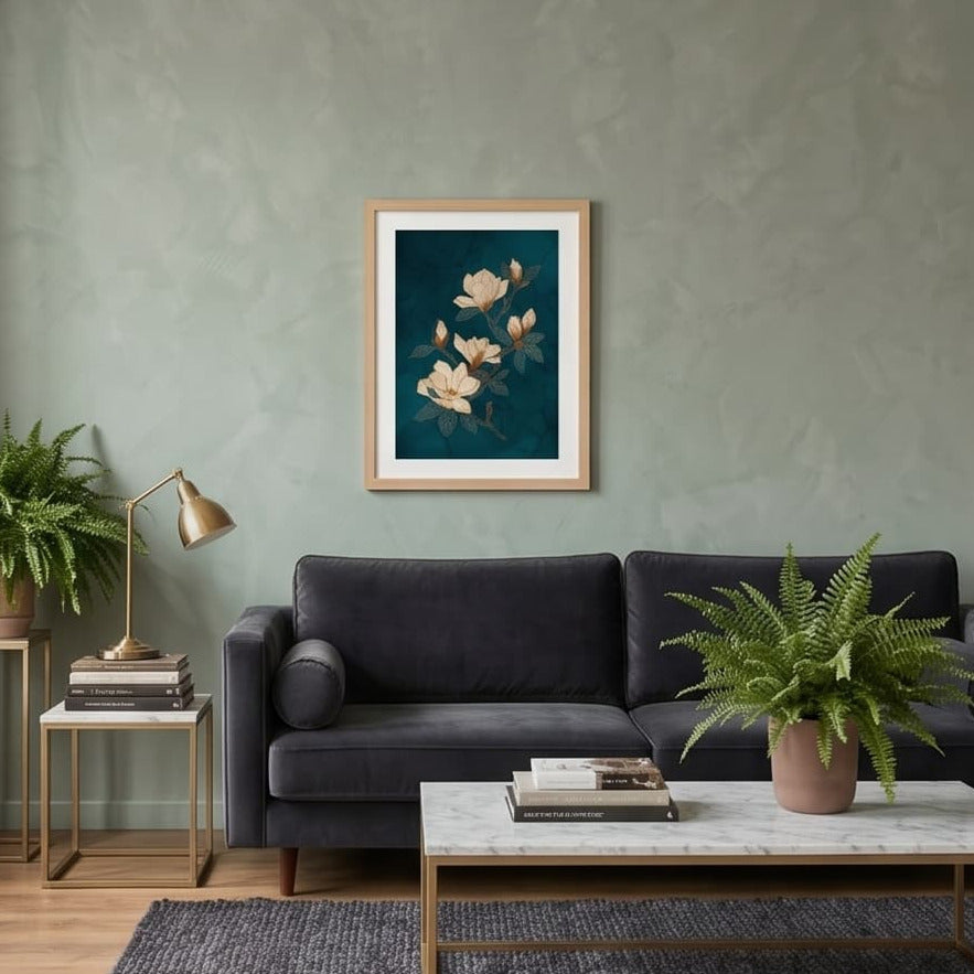 A four-panel collage showing a framed floral wall art print styled in different interior settings: above a sofa, above a sideboard, above a bookshelf, and on a round console wall mirror. The product being sold appears to be the framed print itself rather than the room decor.