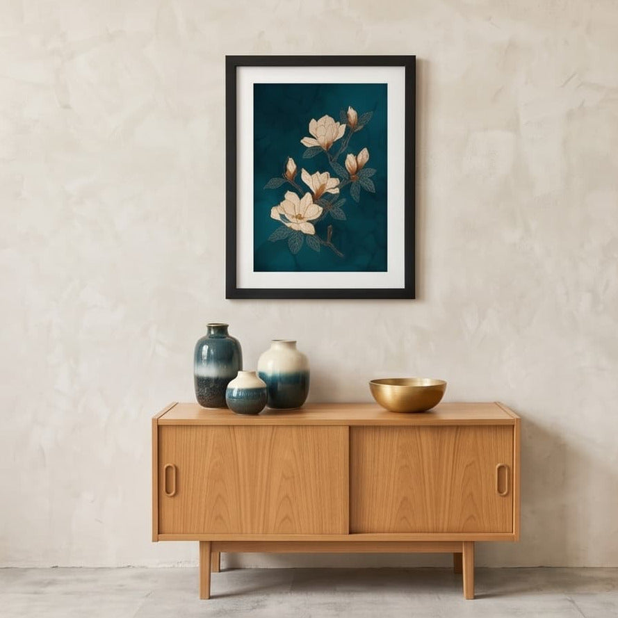 A four-panel collage showing a framed floral wall art print styled in different interior settings: above a sofa, above a sideboard, above a bookshelf, and on a round console wall mirror. The product being sold appears to be the framed print itself rather than the room decor.