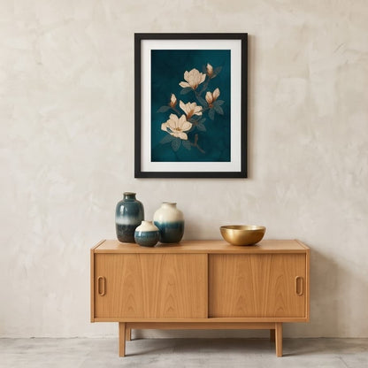 A four-panel collage showing a framed floral wall art print styled in different interior settings: above a sofa, above a sideboard, above a bookshelf, and on a round console wall mirror. The product being sold appears to be the framed print itself rather than the room decor.