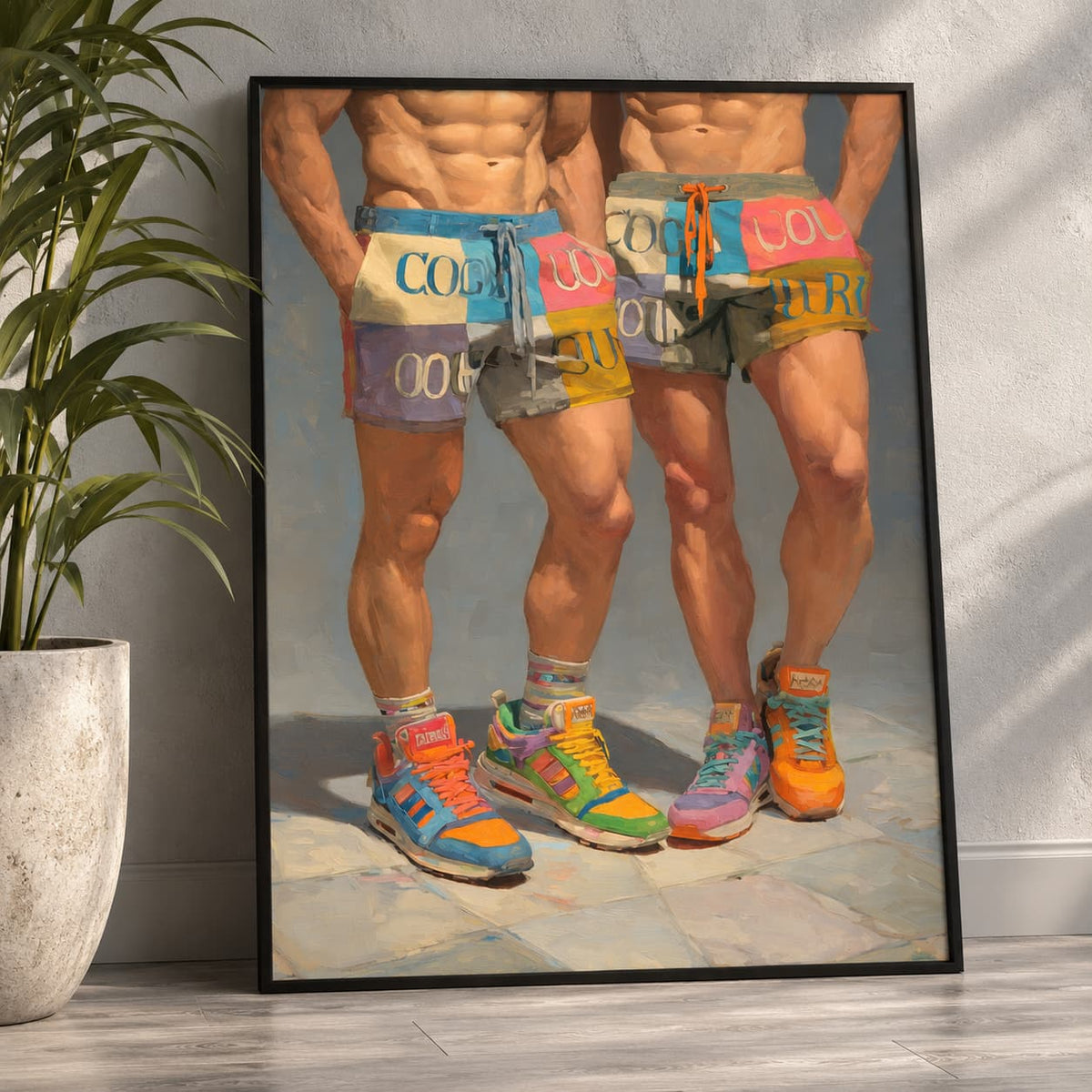 Black-framed Cool Boys print leaning against a light grey wall beside a potted palm, showing two muscular men in pastel patchwork shorts and bright retro trainers.