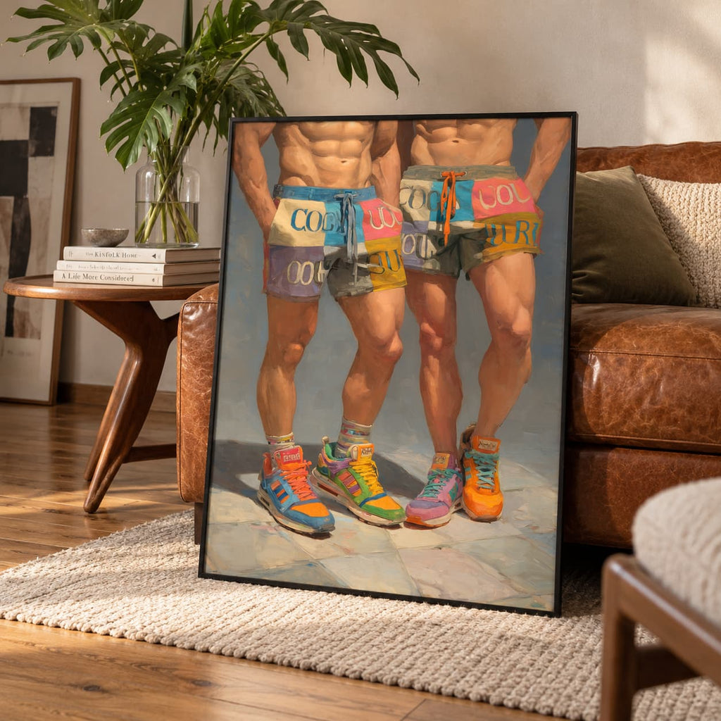 A framed art print leaning against a brown leather sofa in a living room setting. The print is a colorful painting depicting the lower bodies of two shirtless men wearing pastel multicolor shorts and bright sneakers.