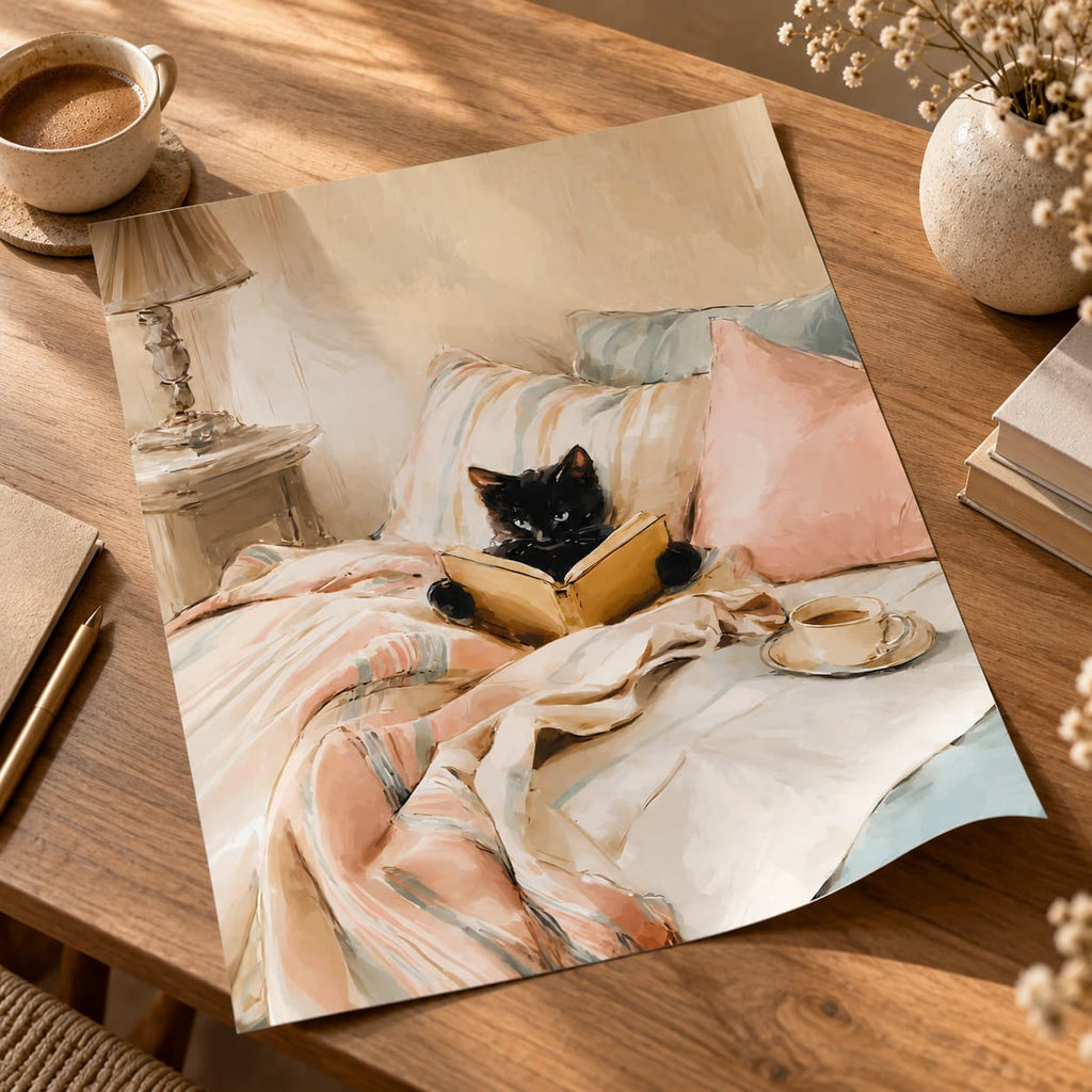 Print-only black cat reading poster lying on a wooden desk among a cup of coffee, books, a lamp and dried flowers.