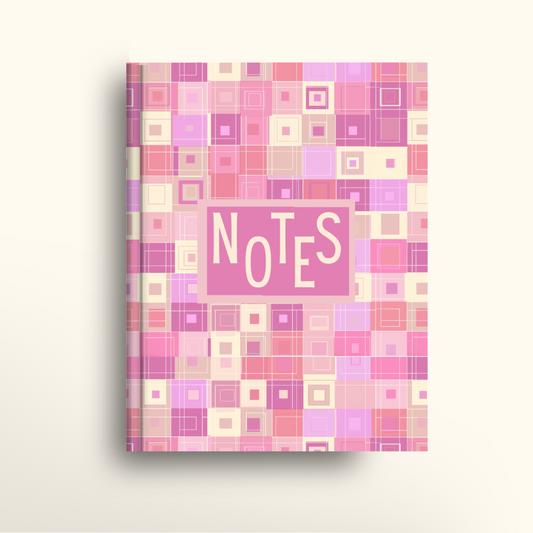 Notebook with pink and purple square pattern and 'NOTES' text on a white background