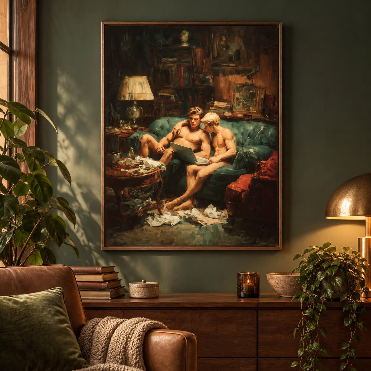 A framed vintage-style painting hanging on a dark green wall above a wooden console table in a warmly lit living room. The artwork depicts two shirtless men lounging on a teal sofa with drinks and crumpled paper on the floor.