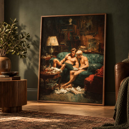 A large framed classical painting depicting two shirtless men lounging on a green sofa in a dimly lit room, displayed leaning against a dark green wall in a styled living room setting.