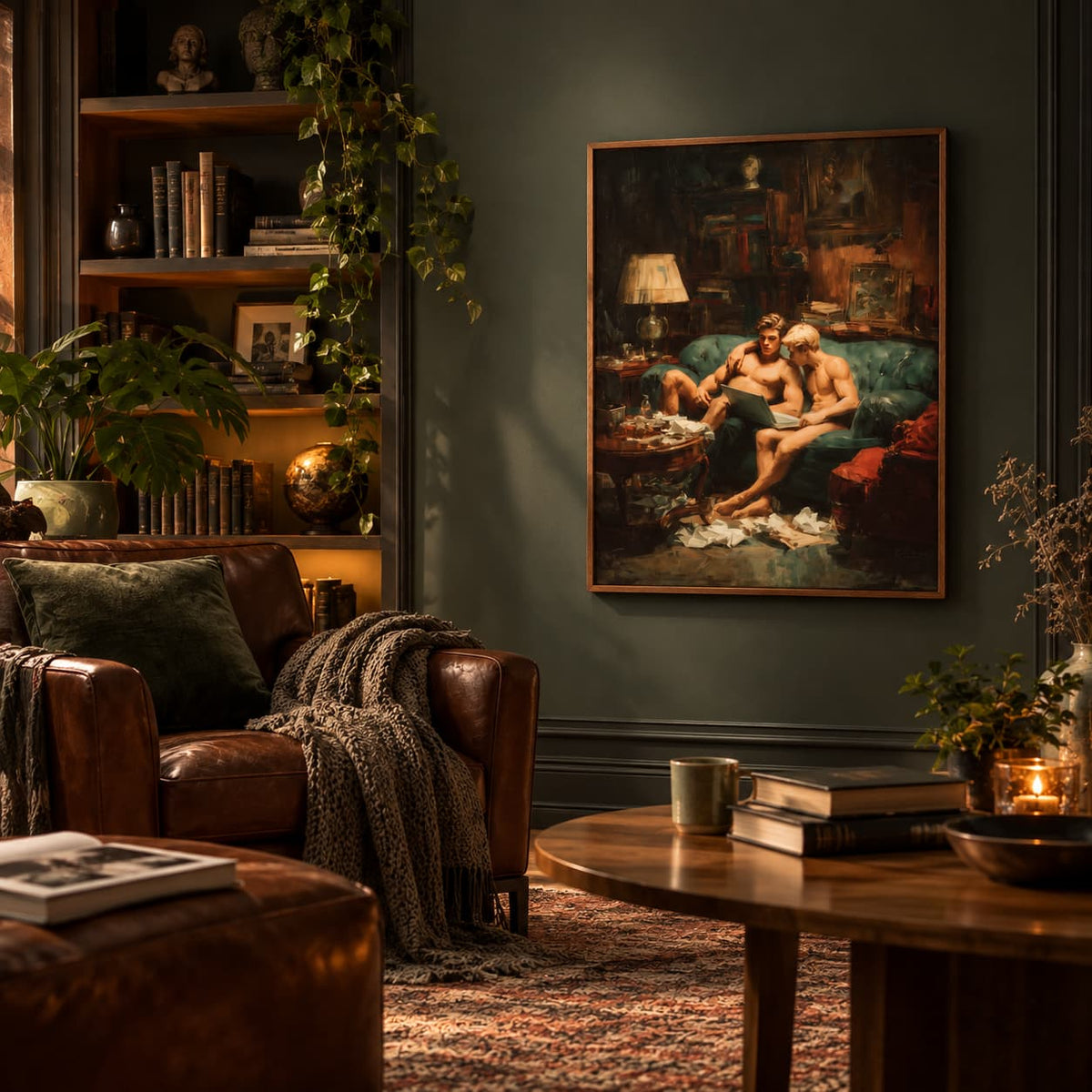 A framed classical-style painting depicting two nude men reclining on a green sofa, hanging on a dark green wall in a richly decorated living room with leather armchairs, a wooden coffee table, and warm ambient lighting.