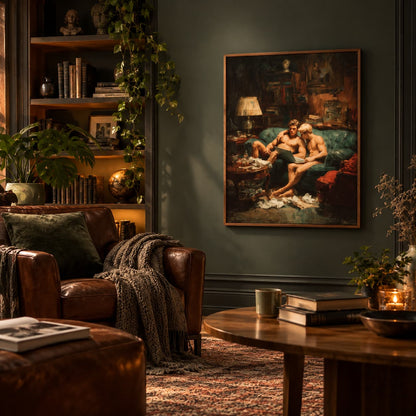 A framed classical-style painting depicting two nude men reclining on a green sofa, hanging on a dark green wall in a richly decorated living room with leather armchairs, a wooden coffee table, and warm ambient lighting.