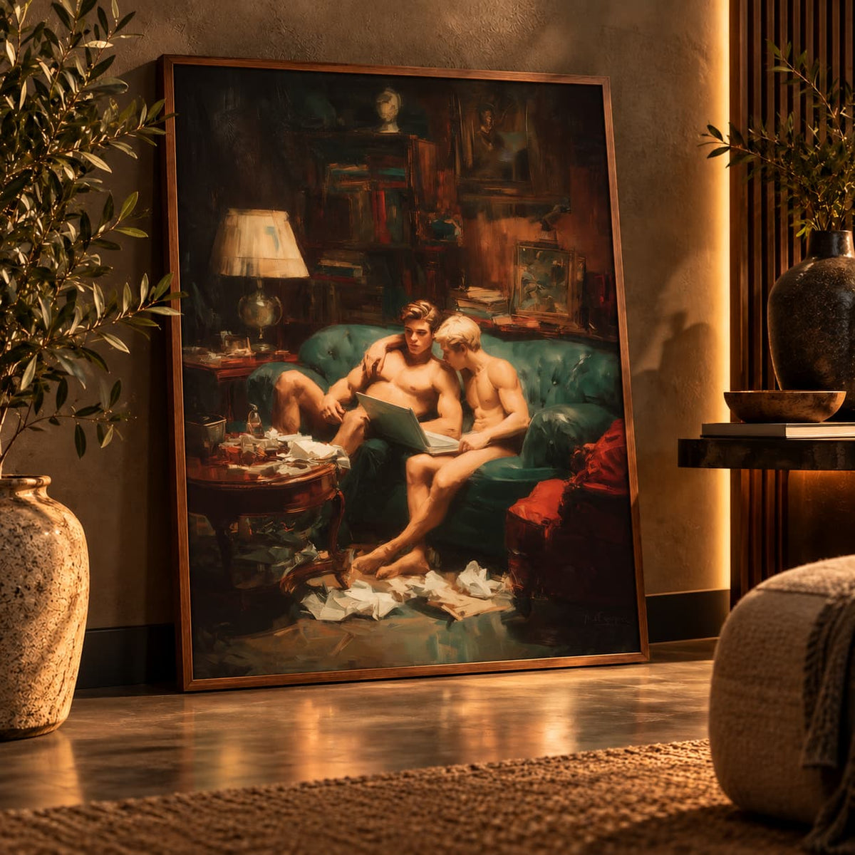 A large framed classical-style painting leaning against a wall in a warmly lit room. The artwork depicts two shirtless men sitting on a teal sofa in a dimly lit interior, with one holding a glass and the other reading.