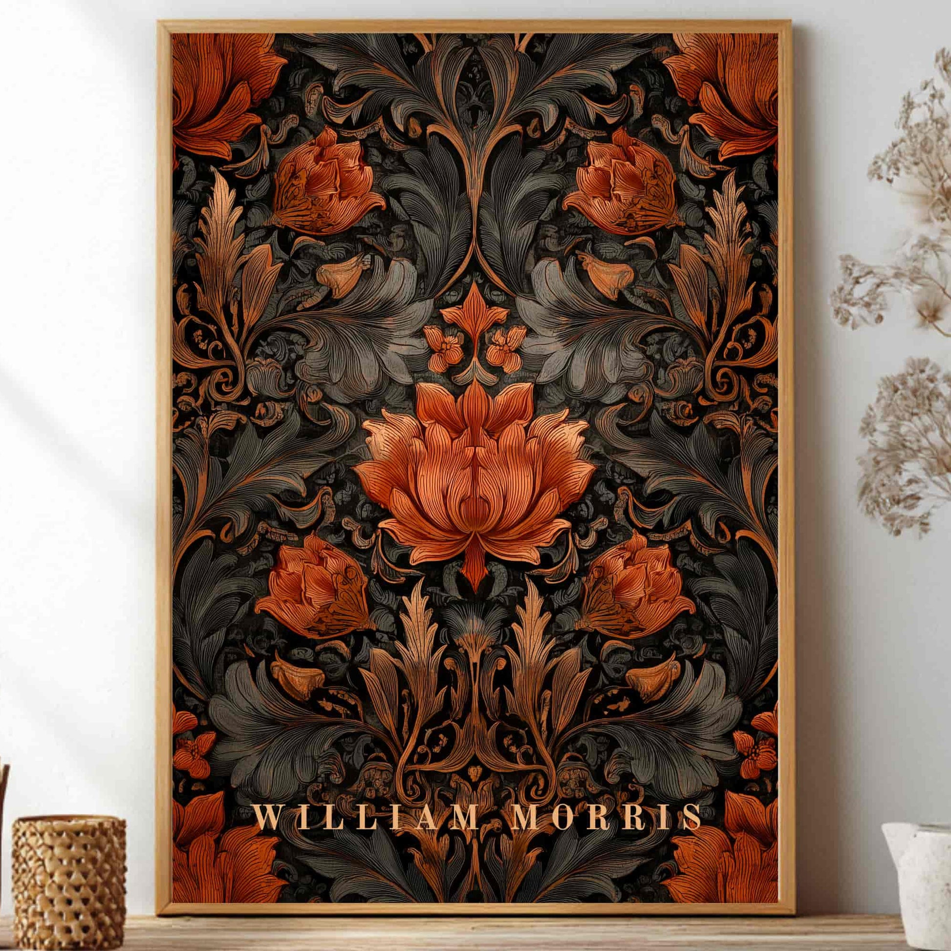 William Morris exhibition poster dark academia rose botanical wall art print with burgundy and green vintage floral pattern on parchment cream background