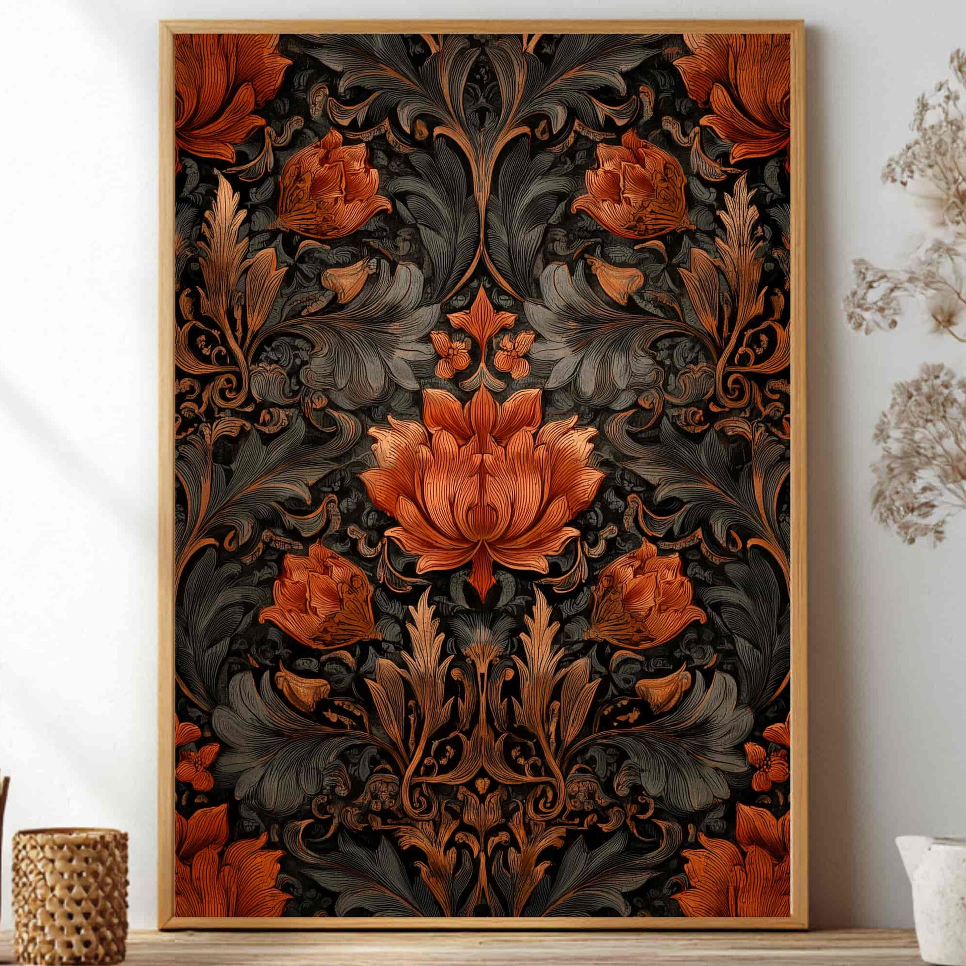 William Morris exhibition poster dark academia rose botanical wall art print with burgundy and green vintage floral pattern on parchment cream background
