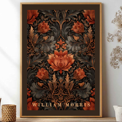 William Morris exhibition poster dark academia rose botanical wall art print with burgundy and green vintage floral pattern on parchment cream background