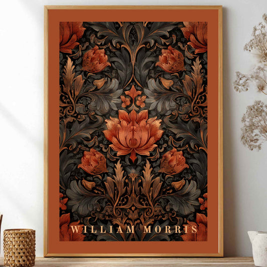 William Morris exhibition poster dark academia rose botanical wall art print with burgundy and green vintage floral pattern on parchment cream background