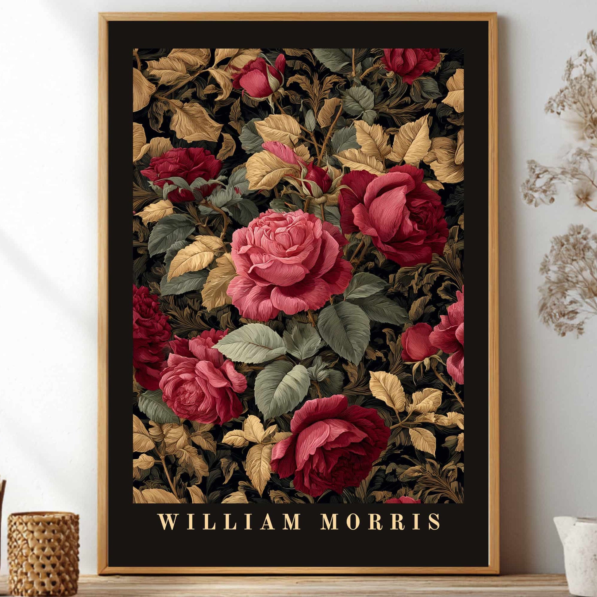 William Morris inspired poster dark academia rose botanical wall art print with burgundy and green vintage floral pattern