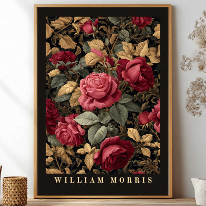 William Morris inspired poster dark academia rose botanical wall art print with burgundy and green vintage floral pattern