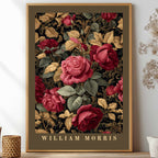 William Morris inspired poster dark academia rose botanical wall art print with burgundy and green vintage floral pattern