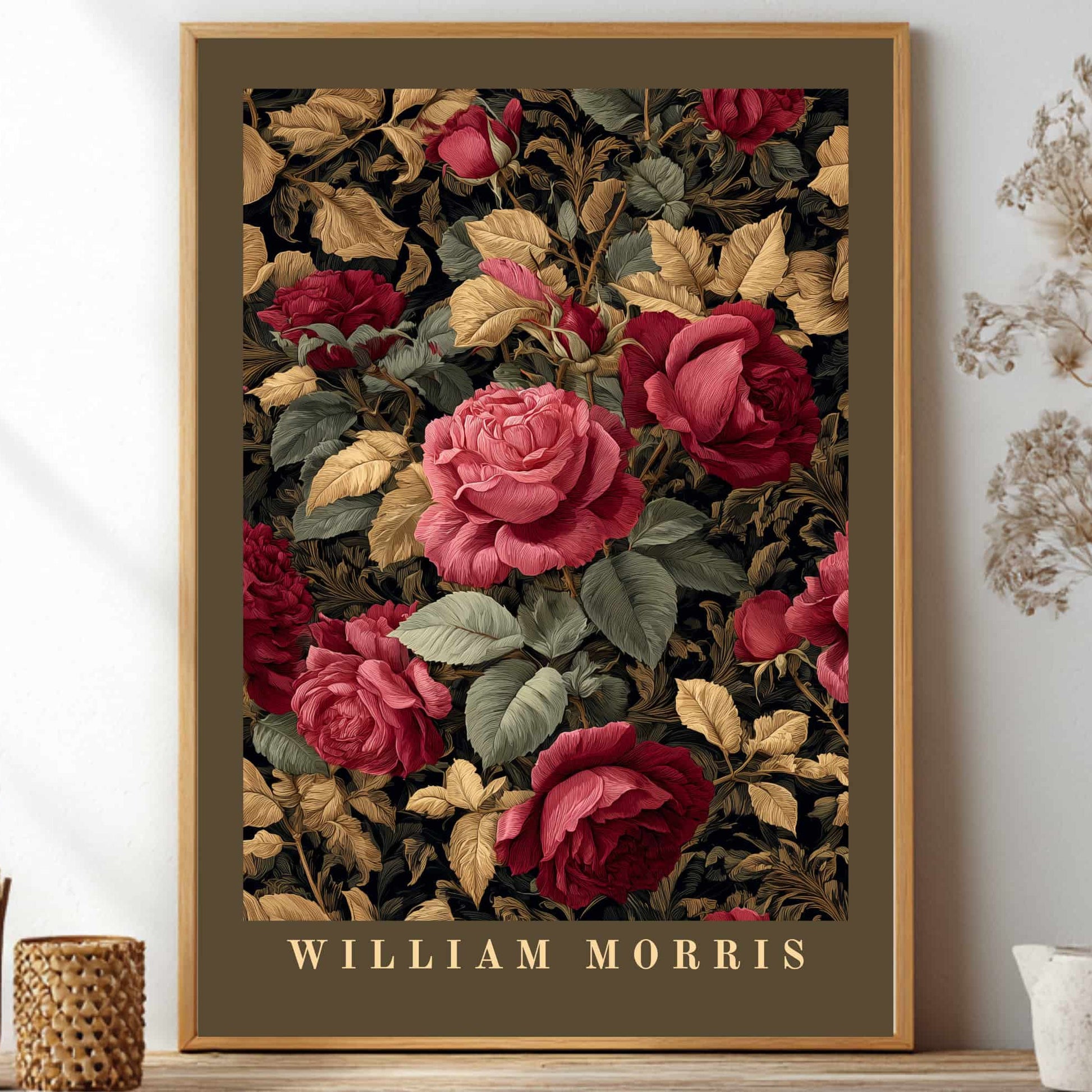 William Morris inspired poster dark academia rose botanical wall art print with burgundy and green vintage floral pattern
