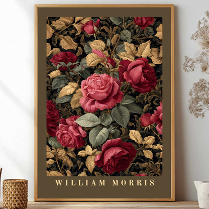 William Morris inspired poster dark academia rose botanical wall art print with burgundy and green vintage floral pattern