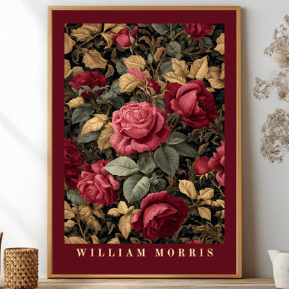 William Morris inspired poster dark academia rose botanical wall art print with burgundy and green vintage floral pattern
