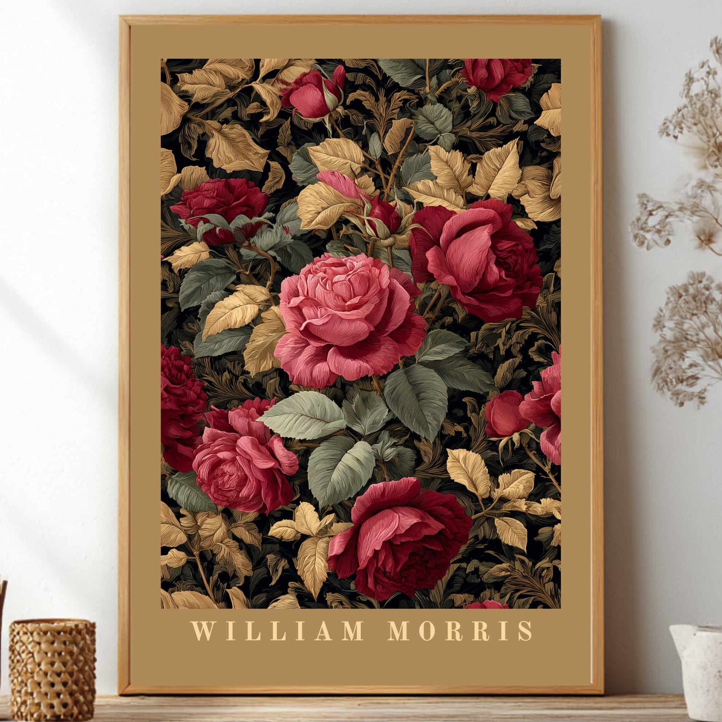 William Morris inspired poster dark academia rose botanical wall art print with burgundy and green vintage floral pattern