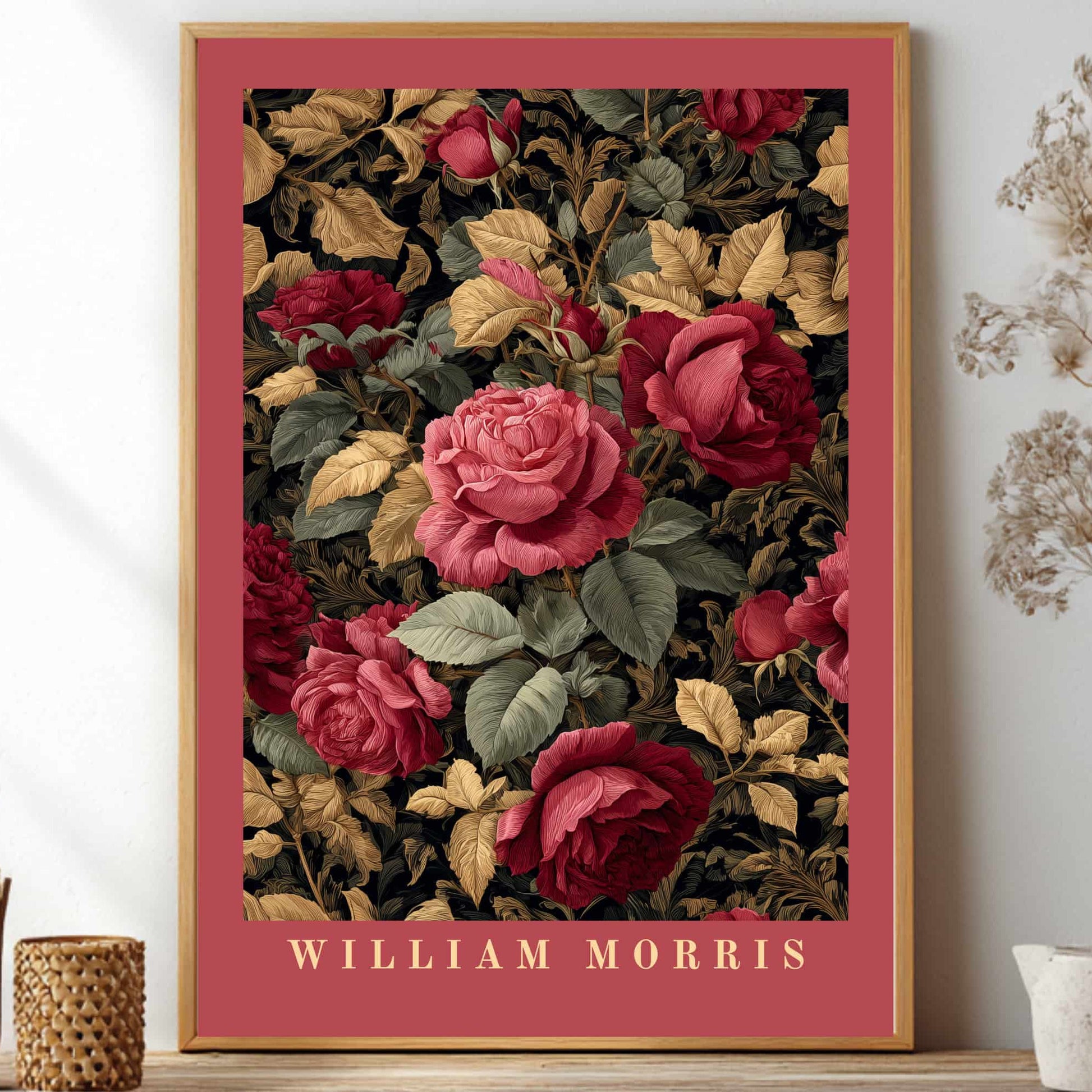 William Morris inspired poster dark academia rose botanical wall art print with burgundy and green vintage floral pattern