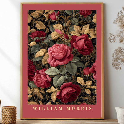 William Morris inspired poster dark academia rose botanical wall art print with burgundy and green vintage floral pattern