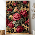 William Morris inspired poster dark academia rose botanical wall art print with burgundy and green vintage floral pattern, borderless