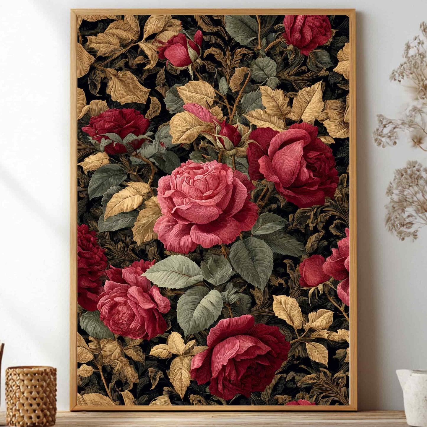 William Morris inspired poster dark academia rose botanical wall art print with burgundy and green vintage floral pattern, borderless