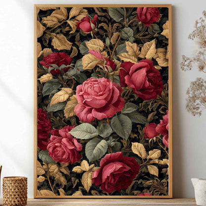 William Morris inspired poster dark academia rose botanical wall art print with burgundy and green vintage floral pattern, borderless