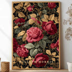 Framed artwork with red and pink roses on a wall, featuring the brand 'William Morris'.